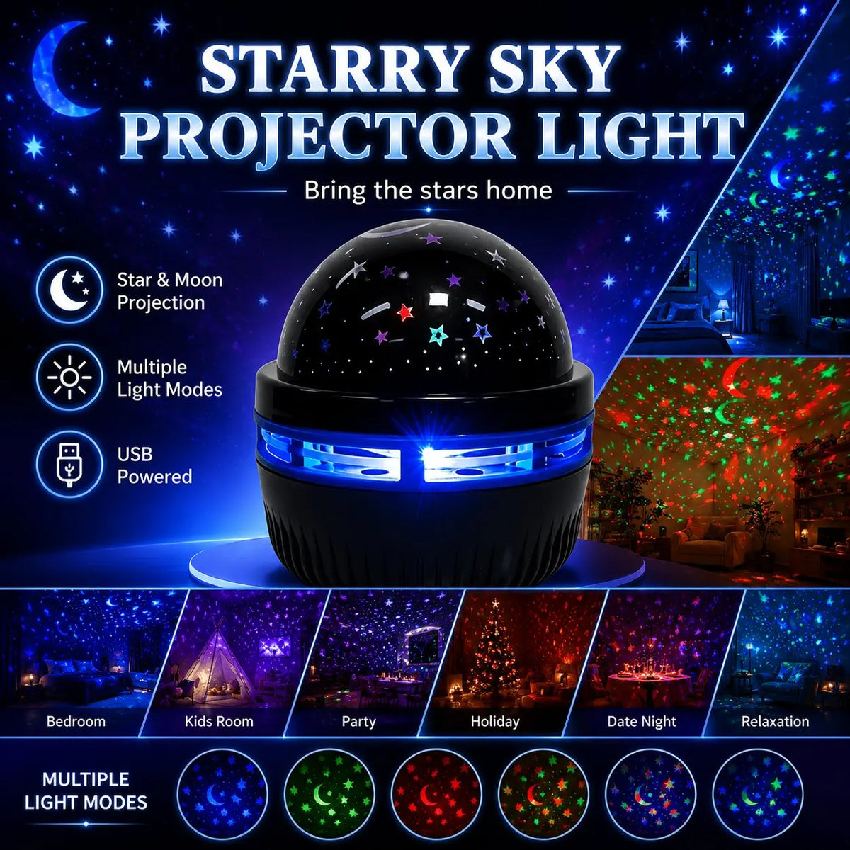 A black star projector light device showing various night sky patterns and light modes.