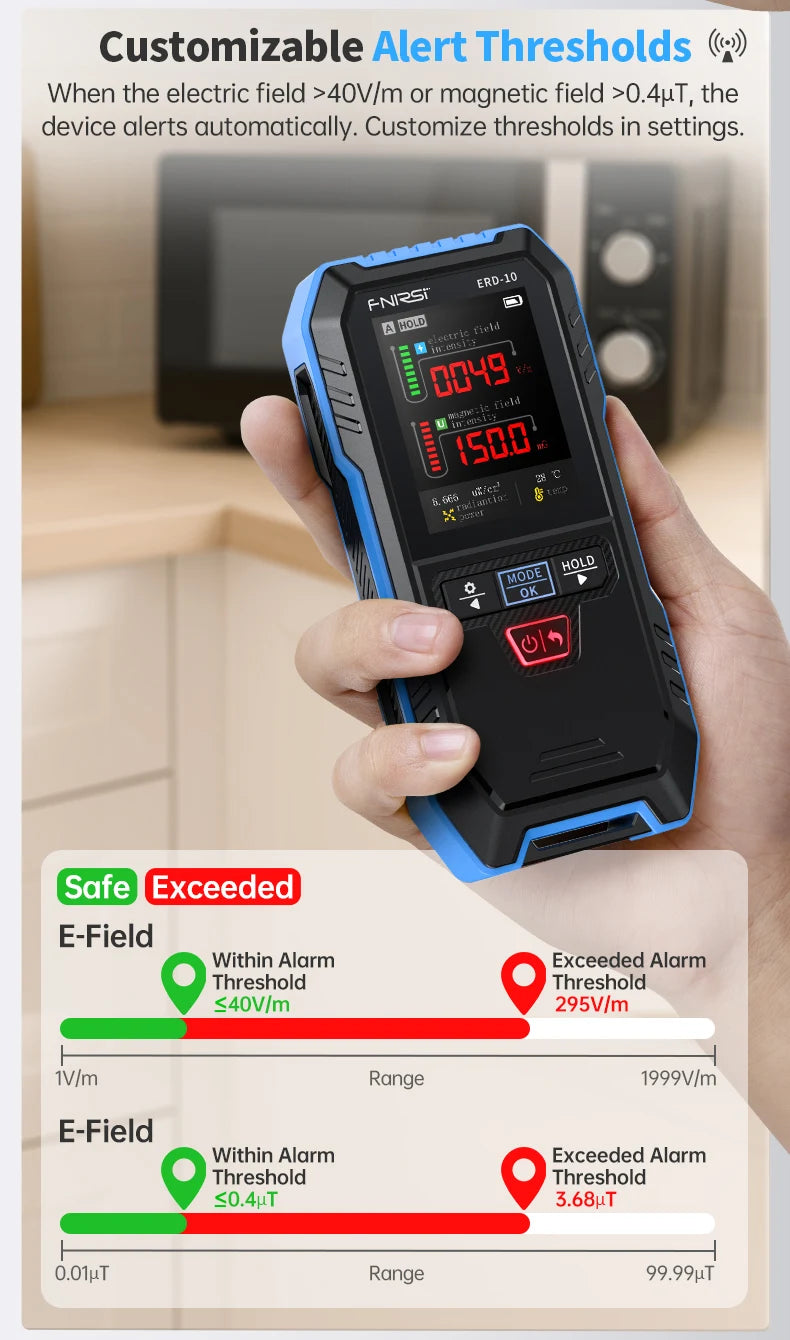ERD-10 Multi-Function Field Safety Detector | EMF, EF & RF Meter with Alarm