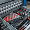 A heavy-duty wrench organizer tray with multi-slot storage rack showing various hand tools and wrenches.
