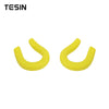 A pair of yellow front bumper tow hook covers for Chevrolet Silverado and GMC Sierra trucks.