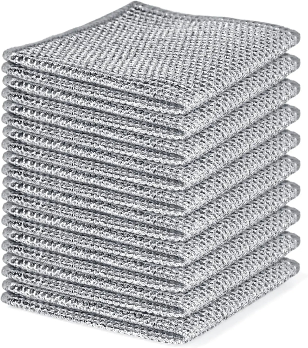 Ein Stapel grauer wiederverwendbarer Stahlwolle-Küchentücher.