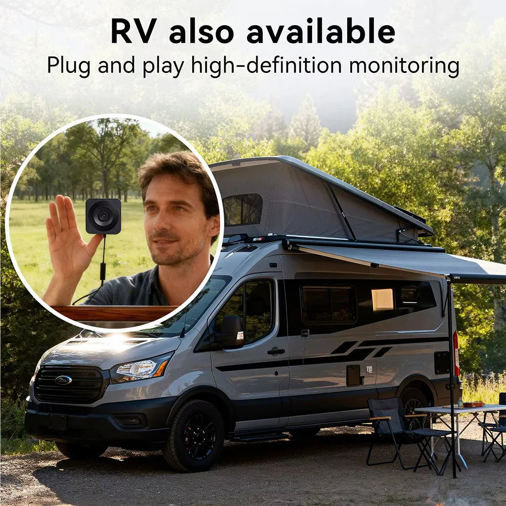 A Ford Transit van is shown with a rooftop mount for an RV, demonstrating plug and play high-definition monitoring.