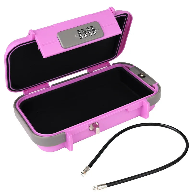 A pink portable travel safe lock box with a combination lock and detachable cable is shown open.