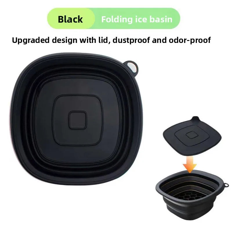 Black folding ice basin with lid and upgraded design for bath or massage