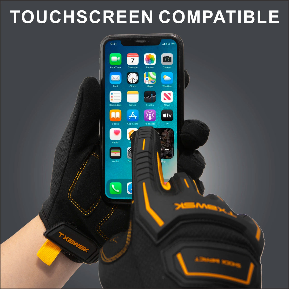 Black work gloves are shown gripping a smartphone, demonstrating touchscreen compatibility.