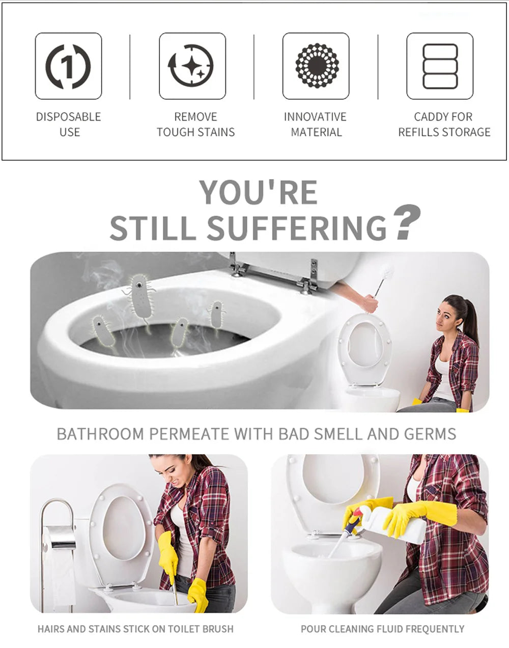 Disposable toilet cleaning brush and storage base shown next to a toilet bowl with cleaning fluid being poured.