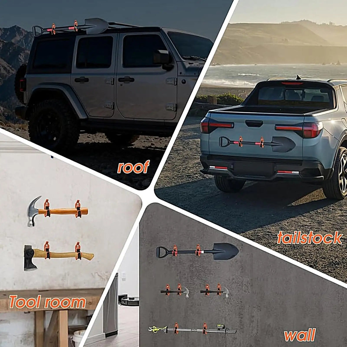 Various mounting options for a heavy-duty shovel holder including roof rack, tailstock, and wall installations