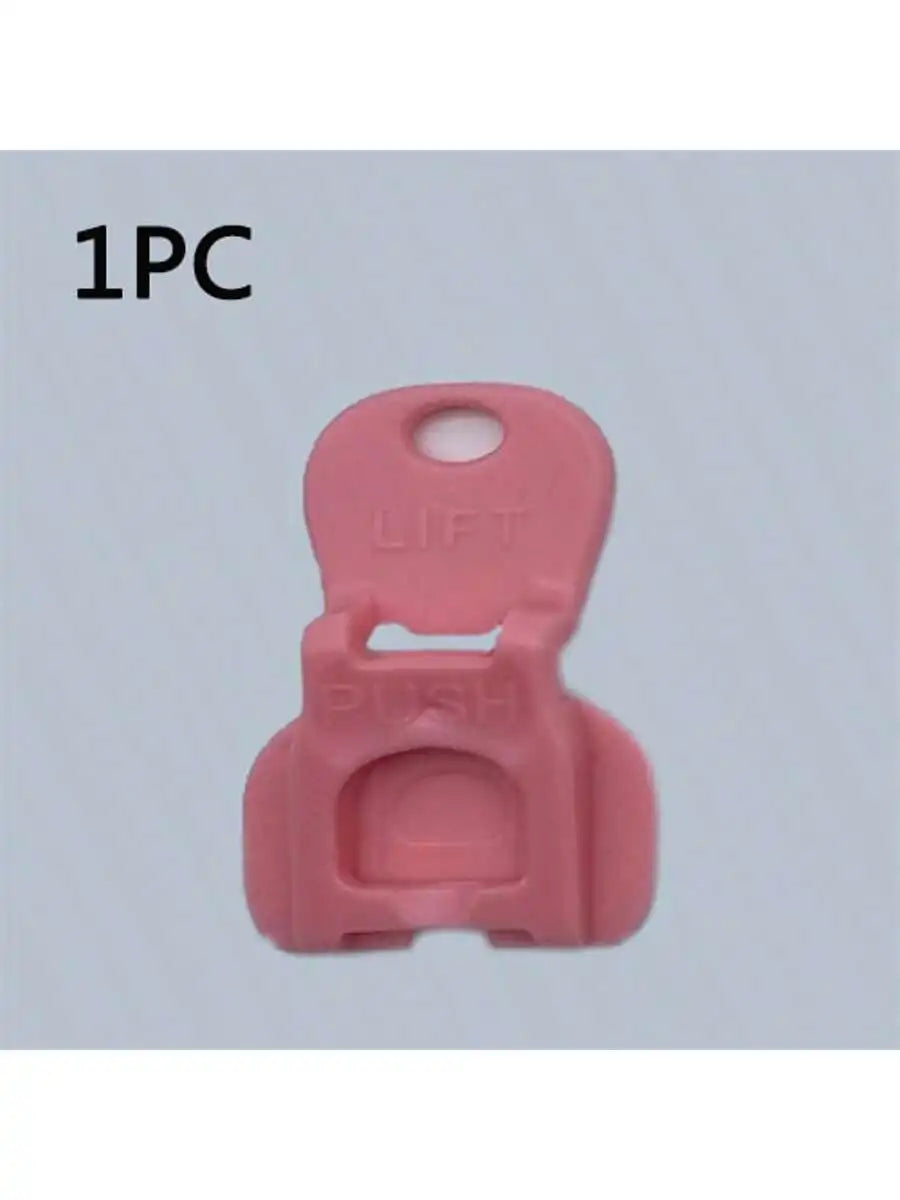 Pink color-coded can opener tool with lift and push features