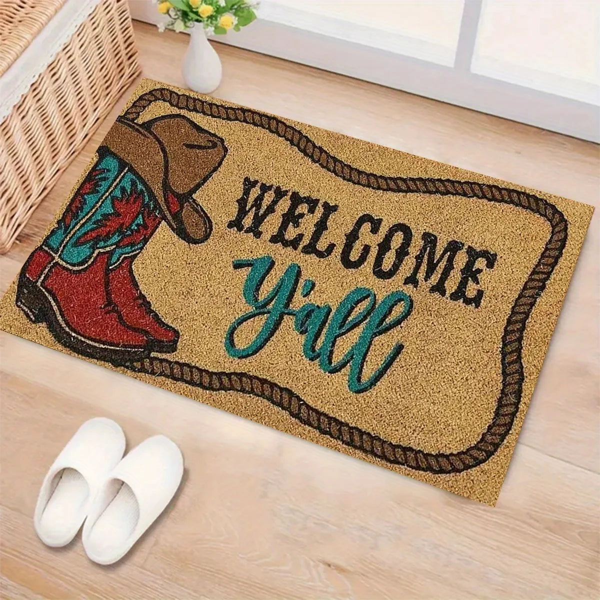 Goldbraune Fußmatte mit inspirierendem Zitat, das junge Menschen willkommen heißt, und Cowboystiefel-Design.