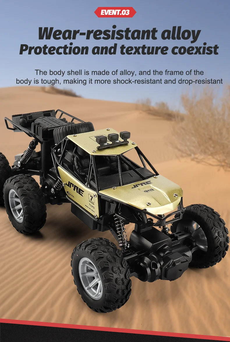 A gold and black six-wheel drive off-road RC car with a wear-resistant alloy body in a desert setting.