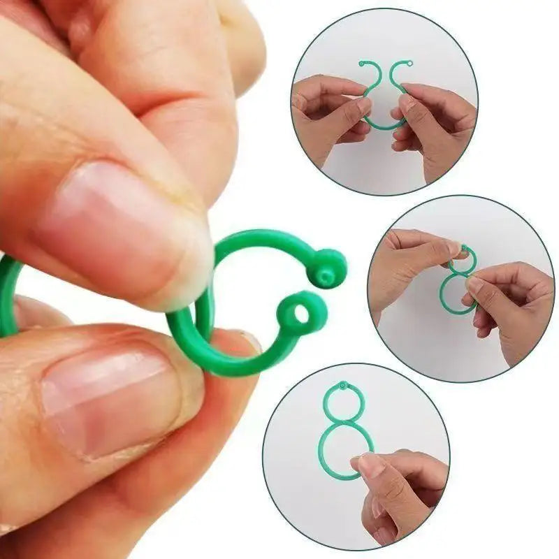 Hands demonstrate how to use reusable green garden plant support clips for tying vines.