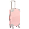A pink and gray doll travel suitcase with a handle and wheels.