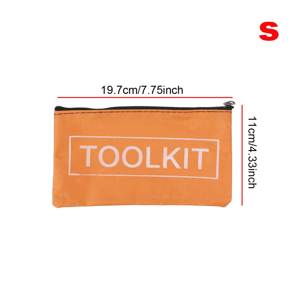 An orange portable waterproof tool kit bag with black trim and white text on the front.