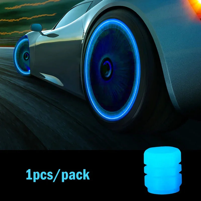 A close-up of a car tire with a glowing blue valve cap, showing the luminous design.