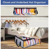 A storage box organizer featuring hanging hats and folded items displayed in a closet or dorm room setting.