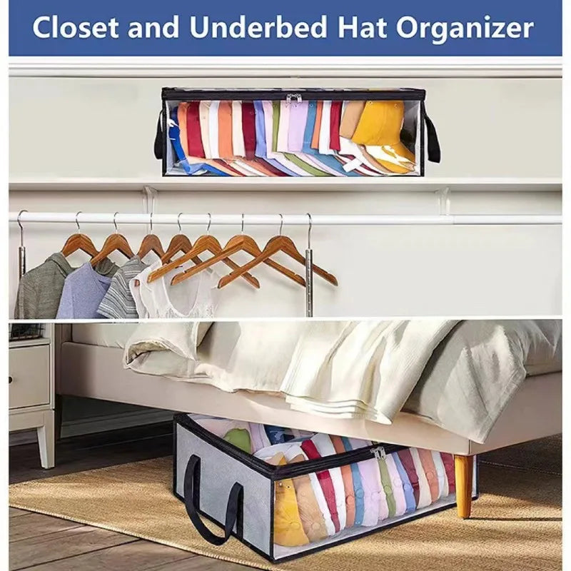 A storage box organizer featuring hanging hats and folded items displayed in a closet or dorm room setting.