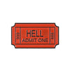Vintage airline ticket enamel brooch featuring the text HELL ADMIT ONE in orange on a rectangular background.