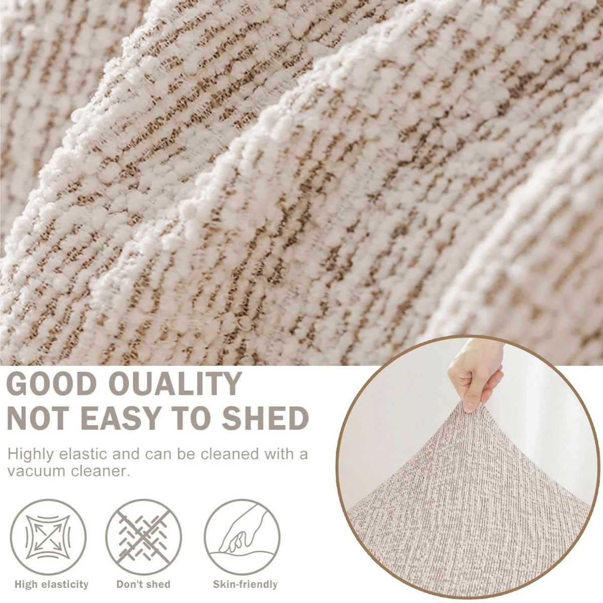 Close-up of a beige linen stretch sofa cover fabric showing texture and elasticity.