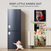 A dark gray refrigerator with safety locks installed, preventing children from accessing the fridge.