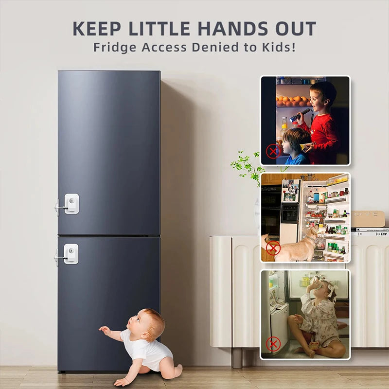 A dark gray refrigerator with safety locks installed, preventing children from accessing the fridge.