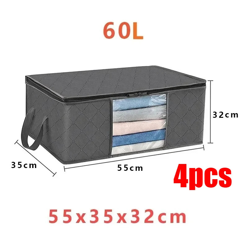 A black foldable storage bag with a transparent window, showing four folded textiles.