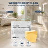 A bag of floor cleaning tablets is shown on a glossy floor with a bathroom and bedroom in the background.