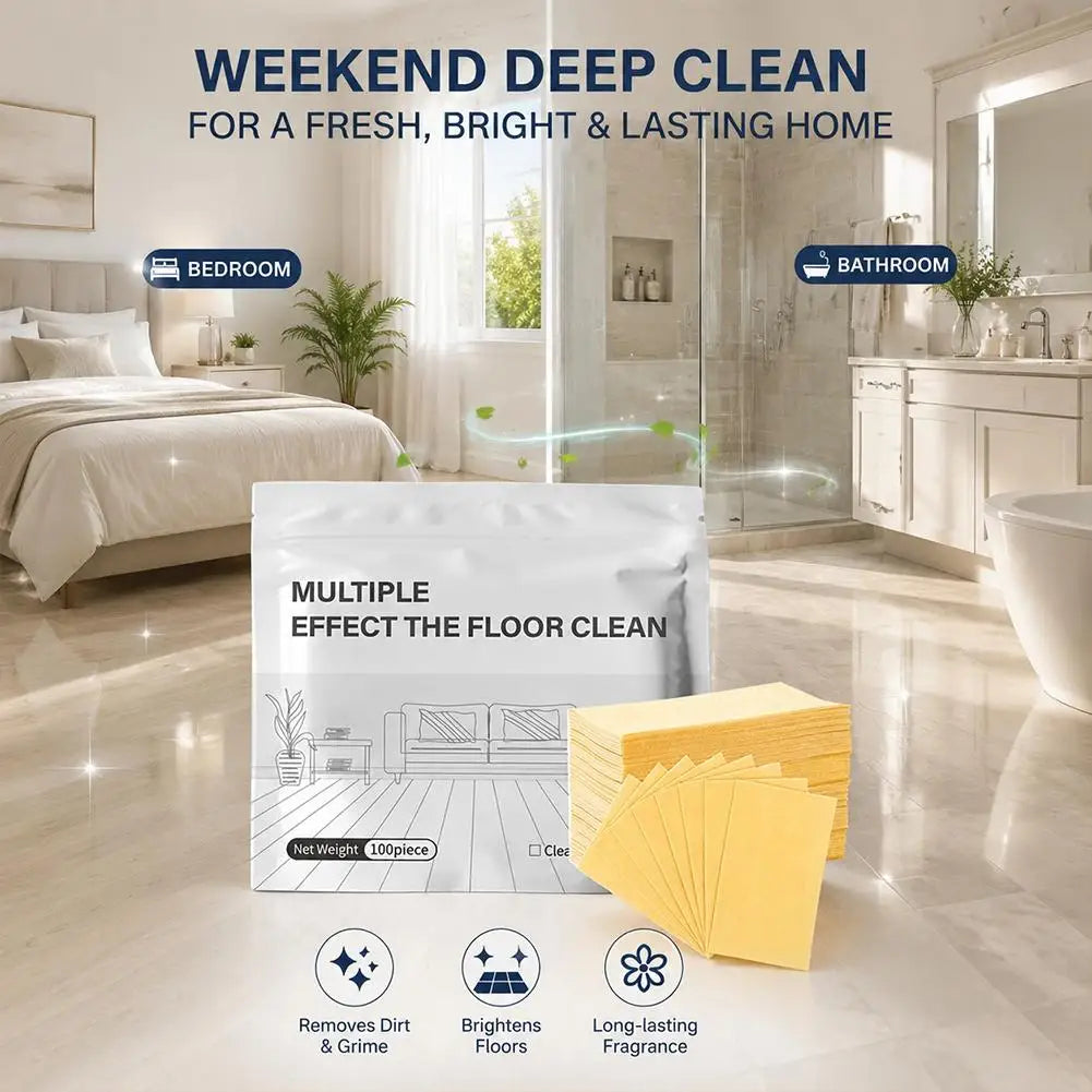 A bag of floor cleaning tablets is shown on a glossy floor with a bathroom and bedroom in the background.
