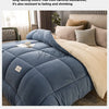 A blue quilted fleece blanket is shown on a bed, highlighting its reactive printing and dyeing process for color fastness.