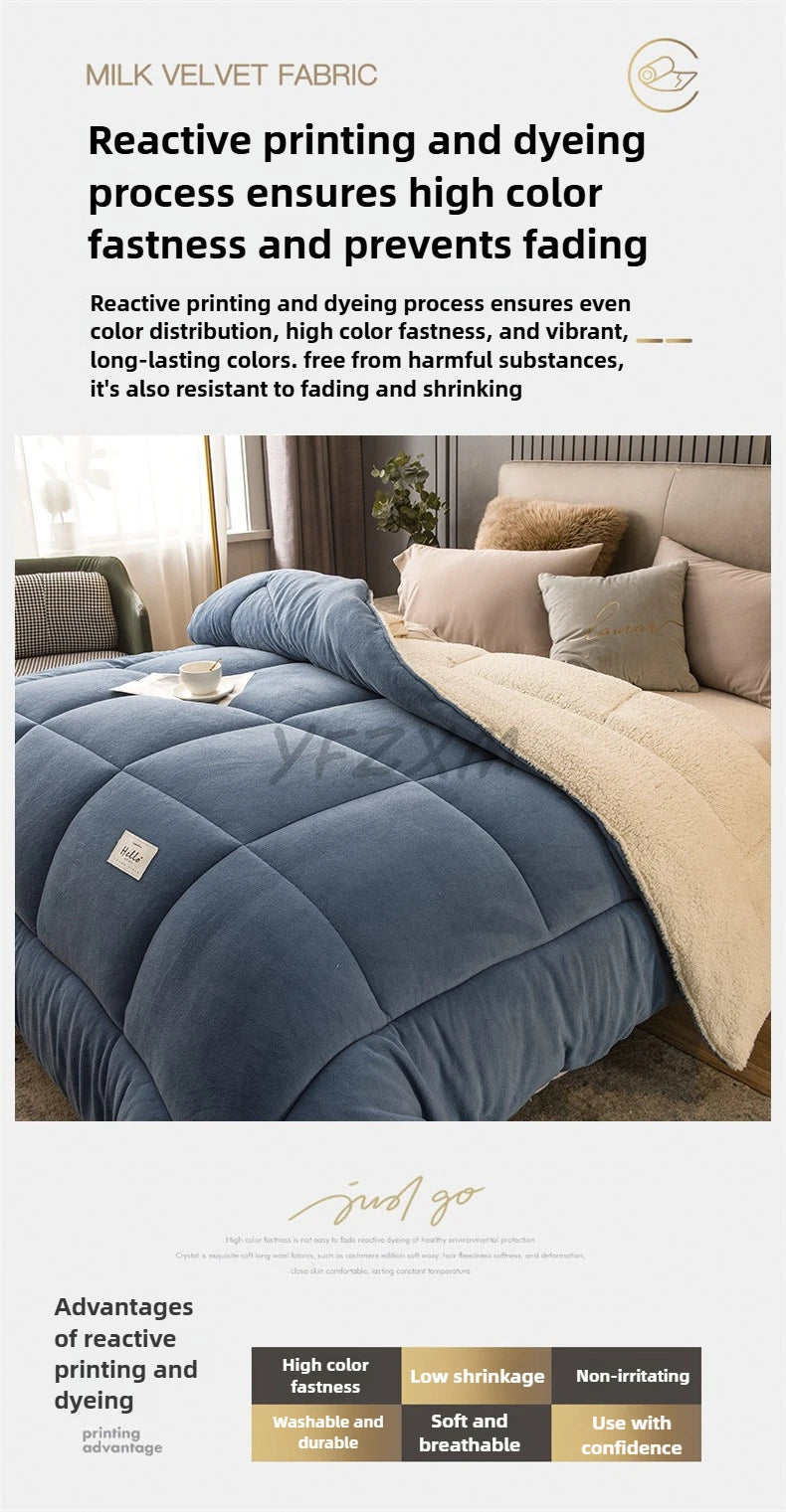A blue quilted fleece blanket is shown on a bed, highlighting its reactive printing and dyeing process for color fastness.
