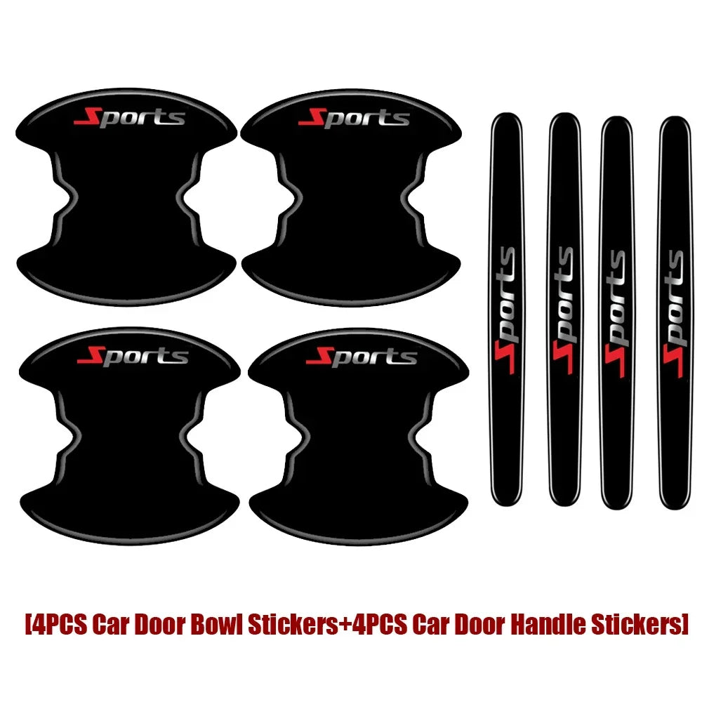 Eight black sports branded car door handle bowl stickers for scratch protection