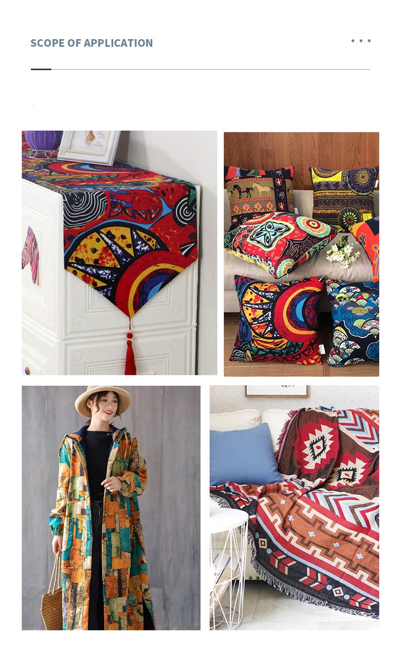 Bohemian Cotton Linen Fabric with Vintage Ethnic Print