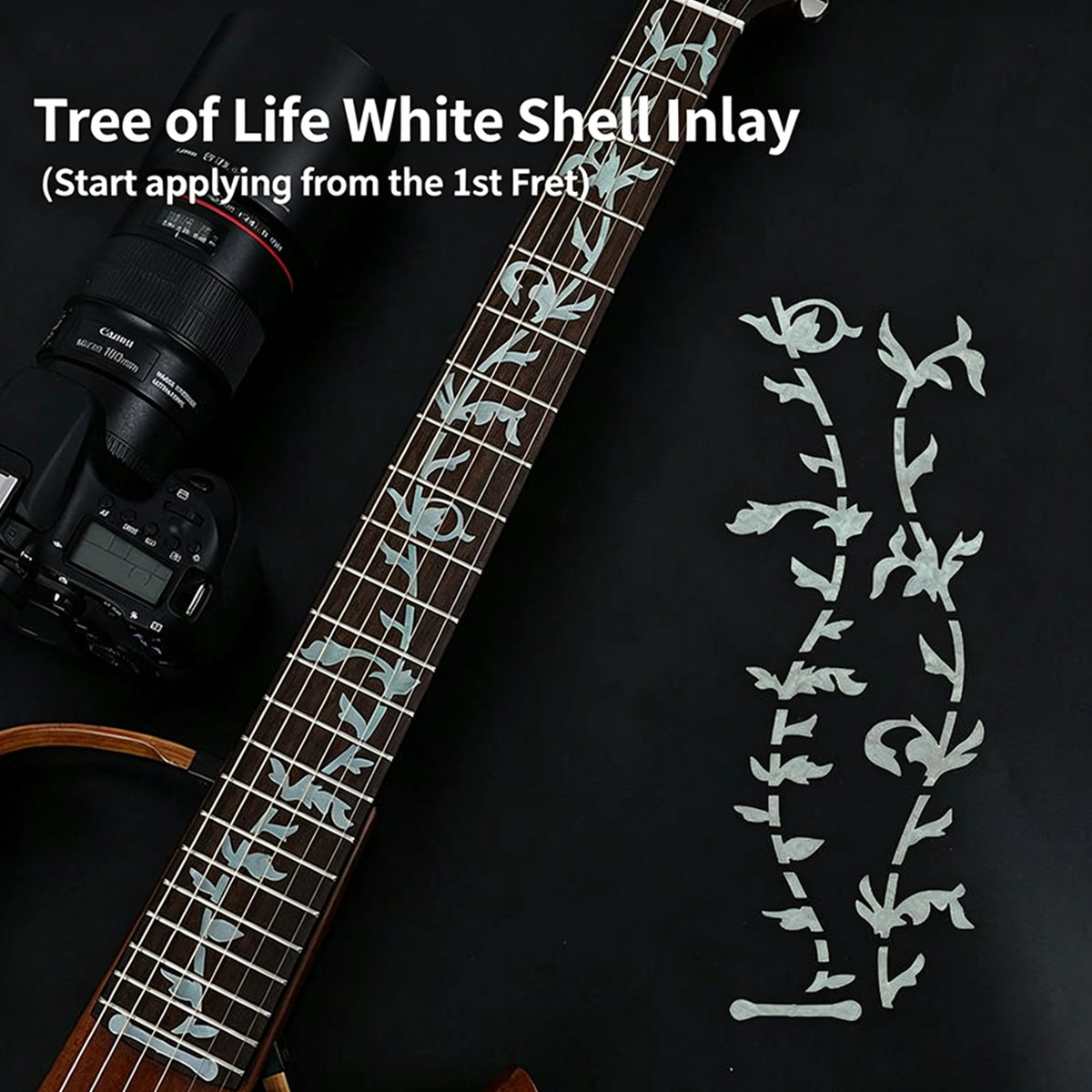 Tree of Life white shell inlay decal applied to a guitar fretboard