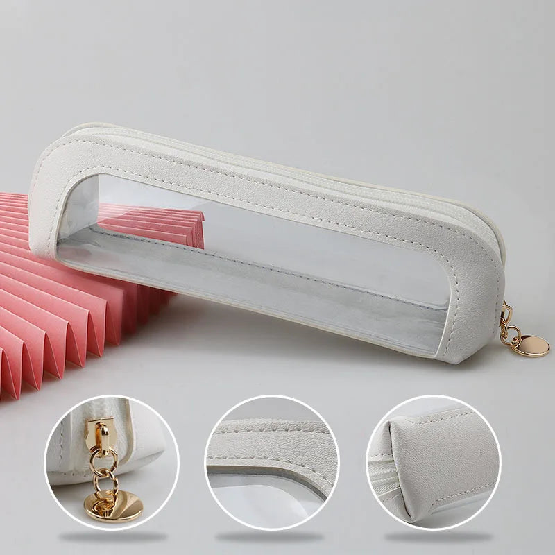 A clear waterproof travel makeup organizer pouch with a white leather trim shown from the side and close-up views.