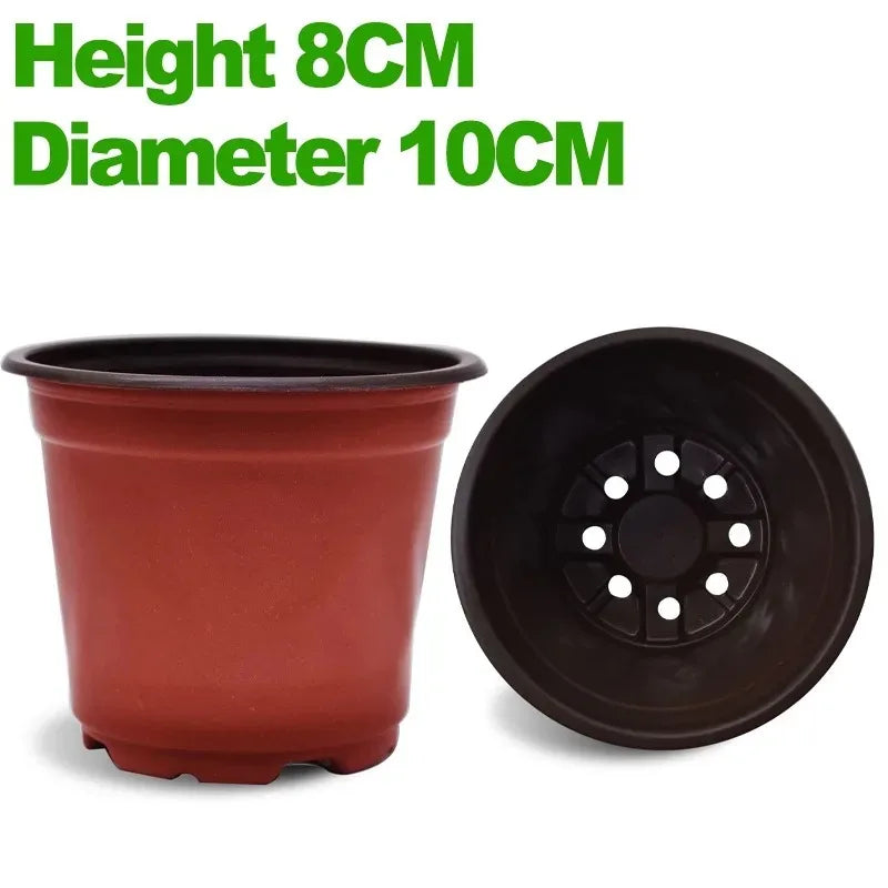 A terracotta-colored seedling pot and its corresponding black drainage saucer.