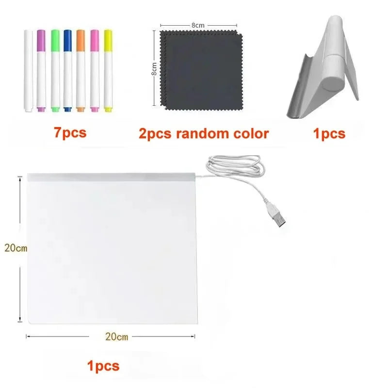 A set of glowing LED drawing board components including pens, a dark grid, and a white board with a power cord.