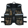 Black tactical vest with multiple pockets and a phone holder featuring reflective strips