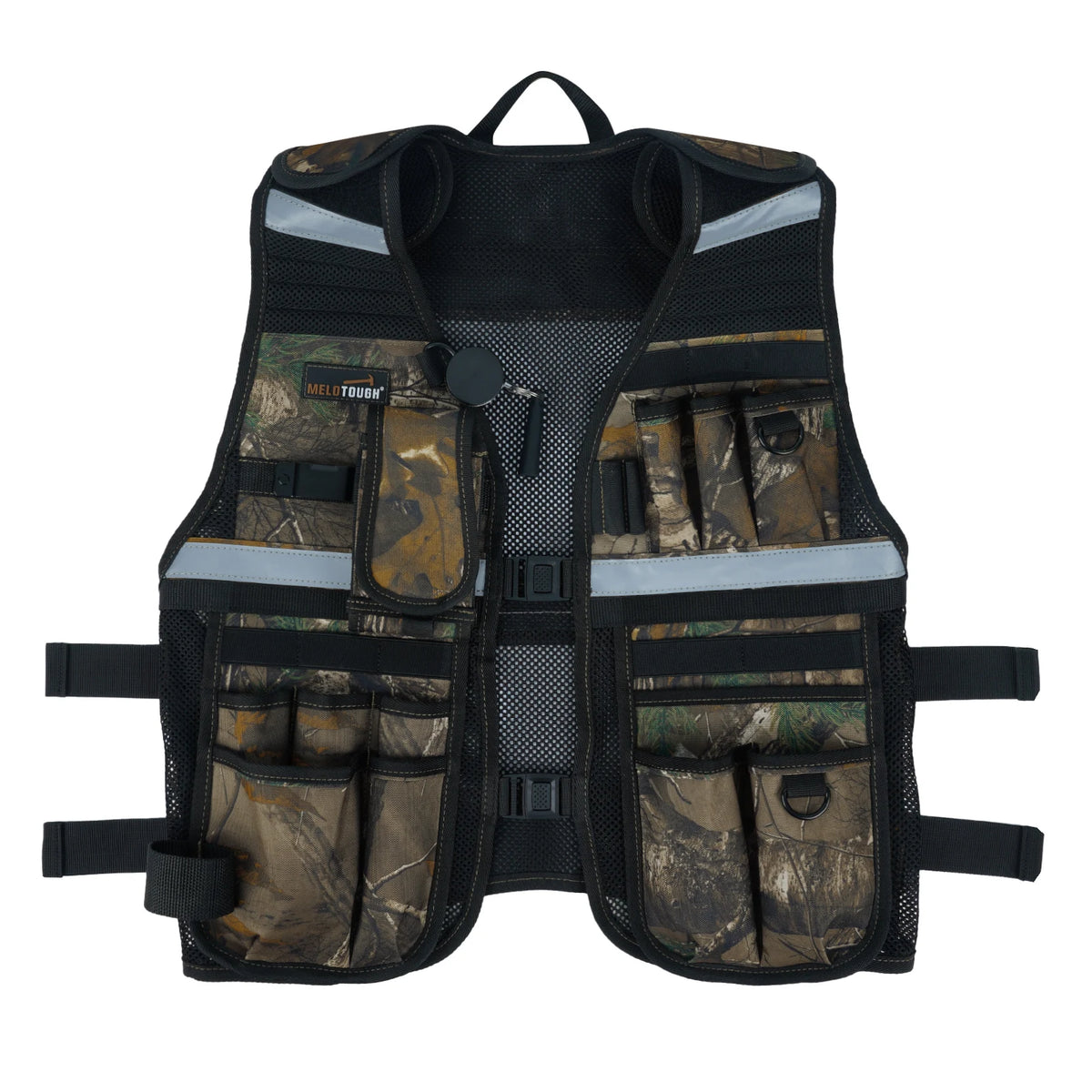 Black tactical vest with multiple pockets and a phone holder featuring reflective strips