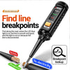A black induction tester pen with a light, showing various test points and a magnifying glass icon for breakpoint lookup.