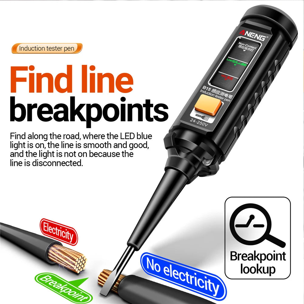 A black induction tester pen with a light, showing various test points and a magnifying glass icon for breakpoint lookup.