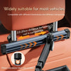 A close-up of an adjustable tablet holder with pillow rods shown mounted on a car headrest.