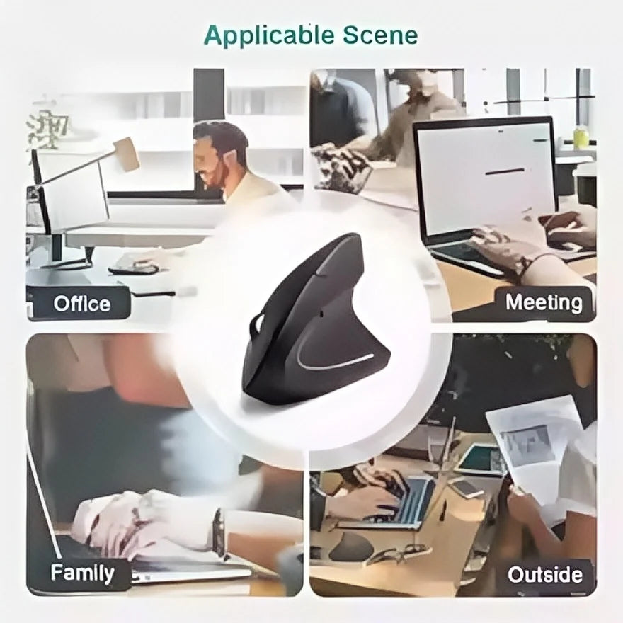 A black vertical ergonomic wireless mouse shown in various office, meeting, family, and outside contexts.