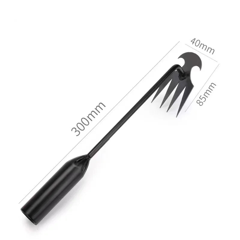 A black 4-tine steel hand weeder with dimensions marked for precision gardening.