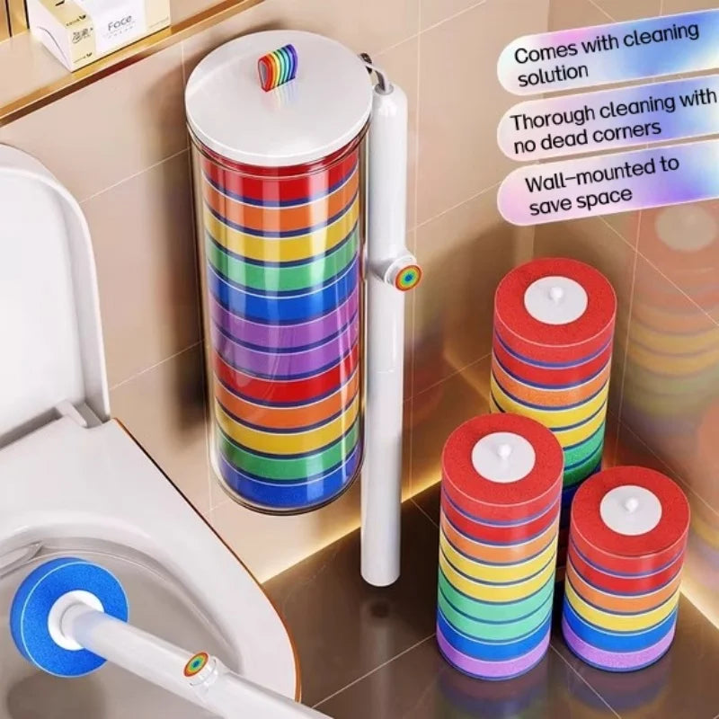 A long handle toilet brush set with colorful disposable heads and a wall-mounted holder is shown next to a toilet.