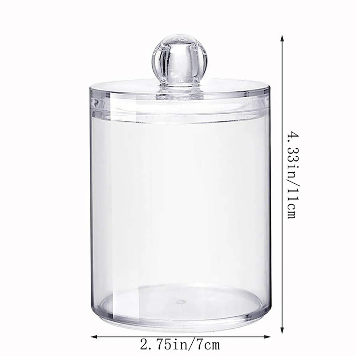 Clear storage jar with a sealed lid, used for organizing small items like swabs or beauty tools.