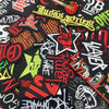 A collection of black and red embroidered iron-on patches featuring various rock band and music-related text and symbols.