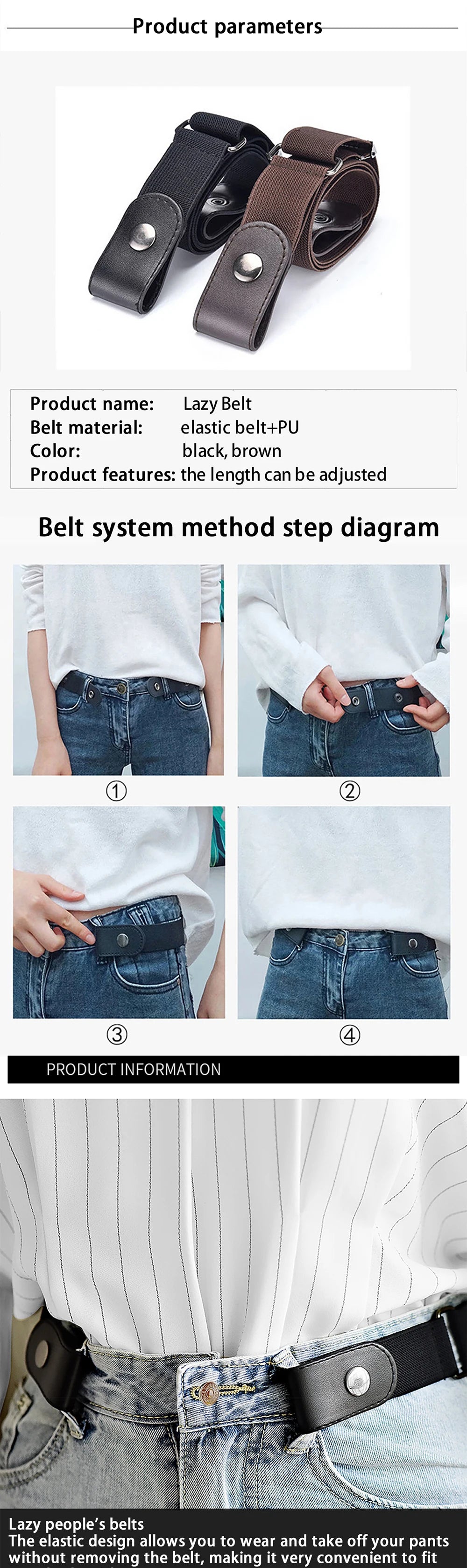 A pair of black elastic belts with brown accents shown in various stages of being worn on a person's waist.