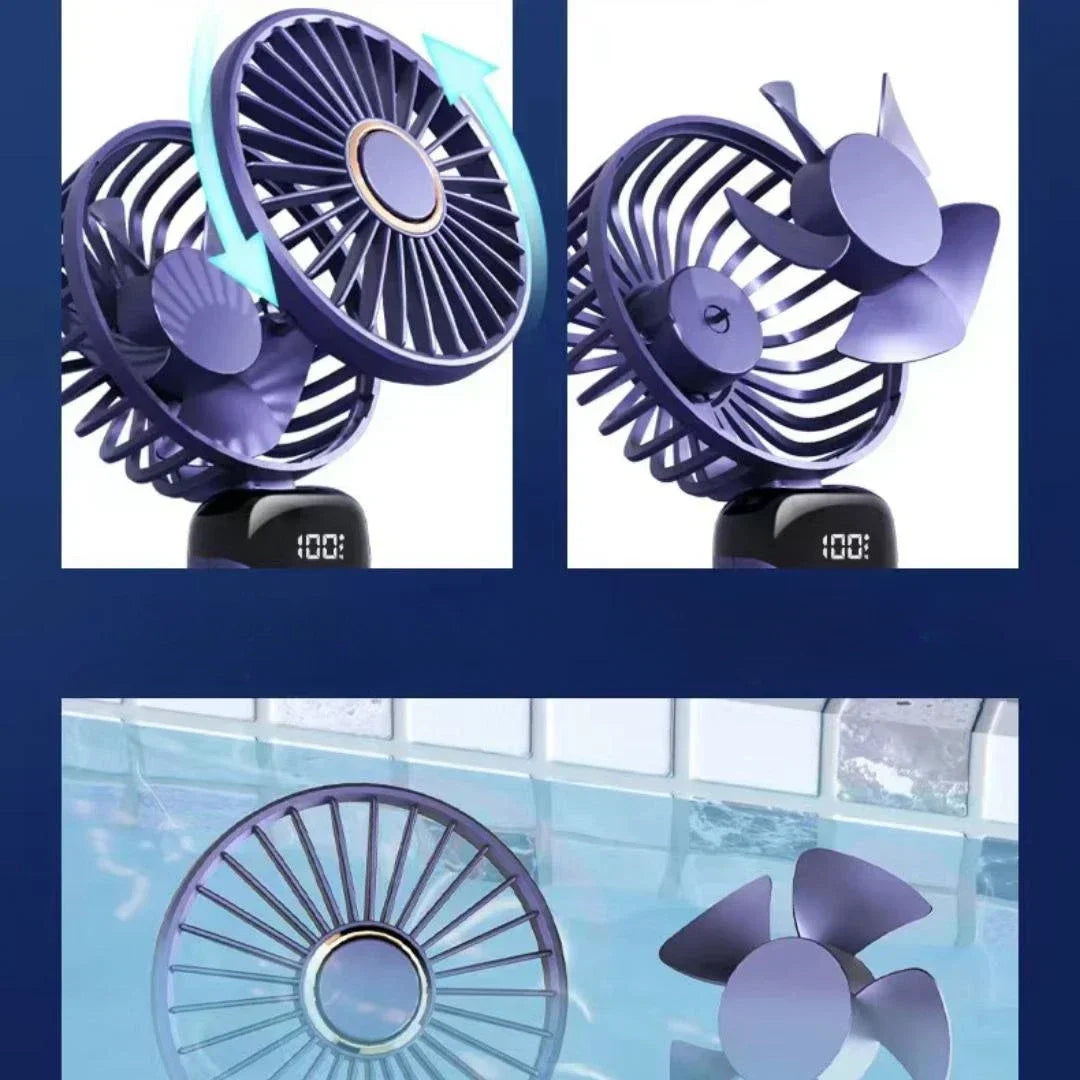 A purple portable rechargeable handheld fan with a digital display is shown in various angles.