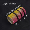 Rolls of crystal rhinestone ribbon stickers in various colors and sizes labeled S, M, L, and XL