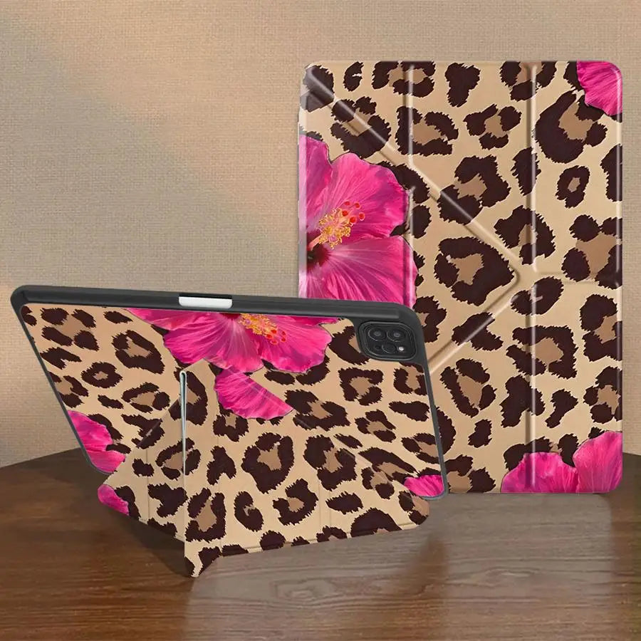 A leopard print floral tablet case for an iPad featuring shades of pink and brown.