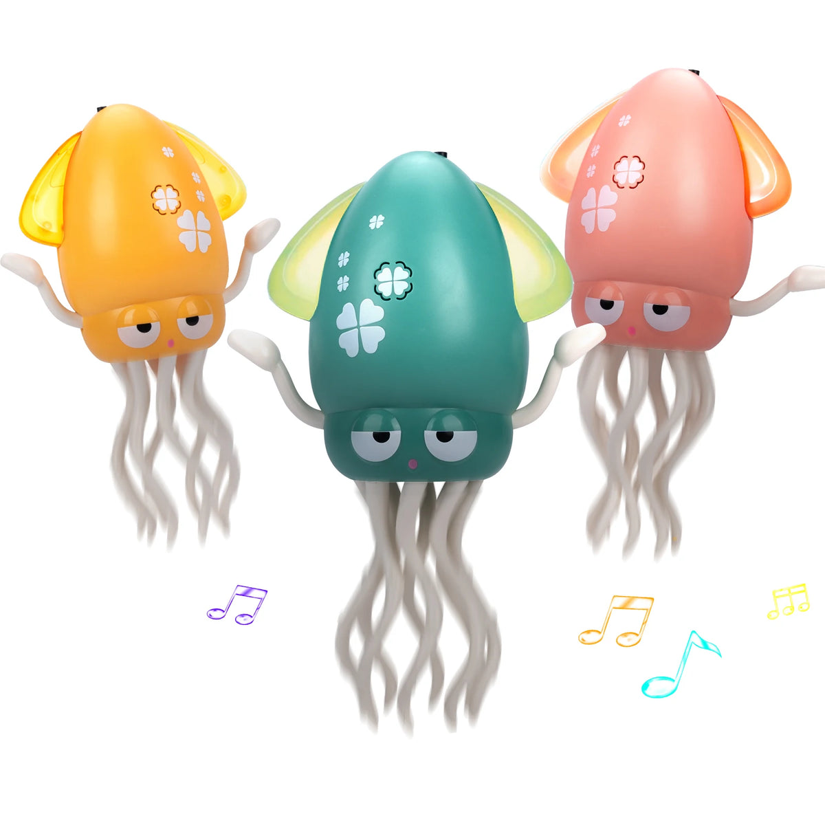 Three colorful interactive dancing squid toys with tentacles and musical notes